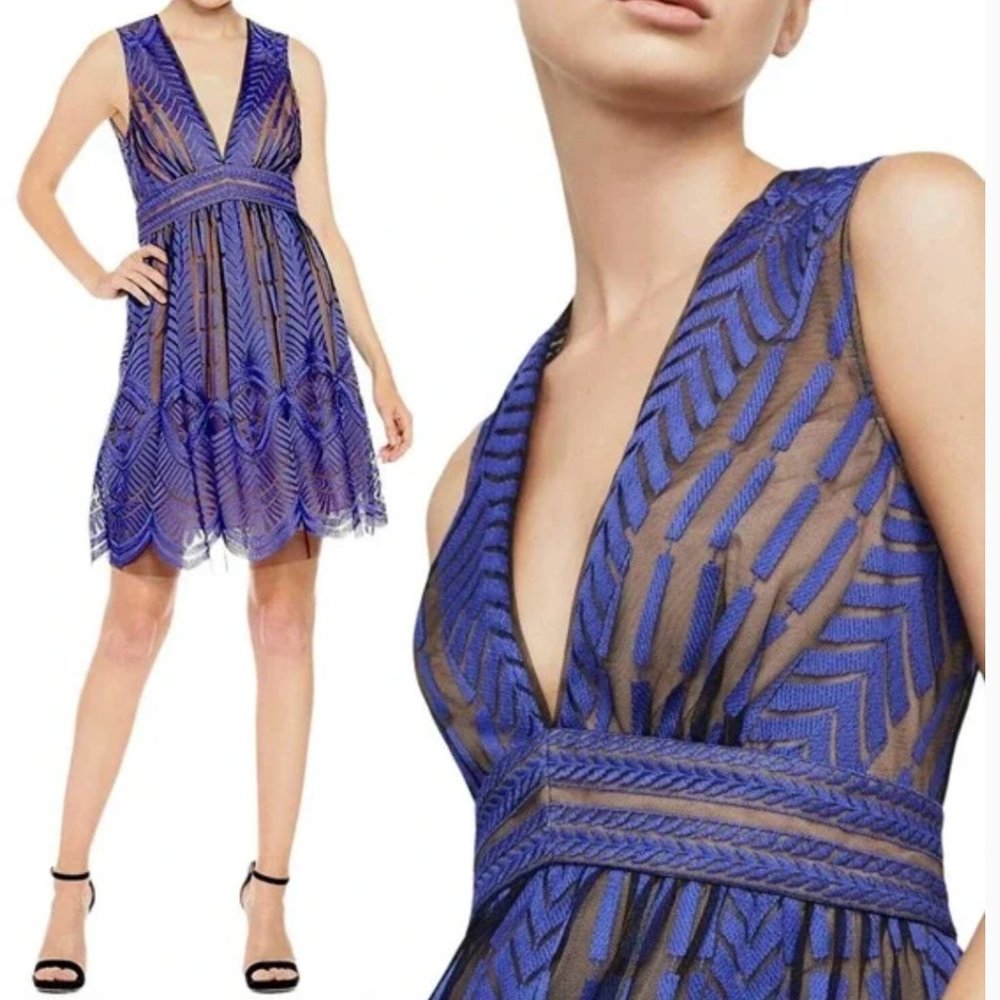 BCBGMaxAzria Blue Lace V-neck Mini Dress